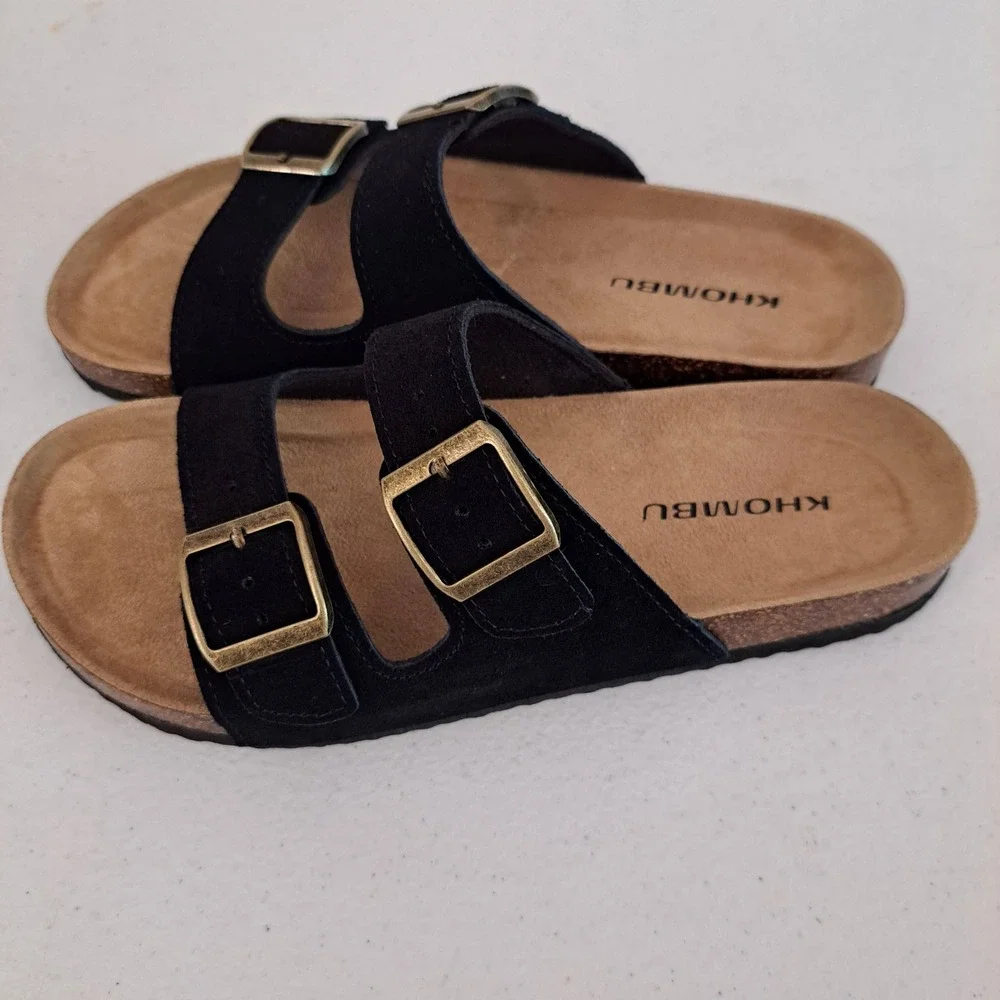 Khombu Ashville Sandals Womens 7 Black New Leather Double Buckle Slide 1221-378
